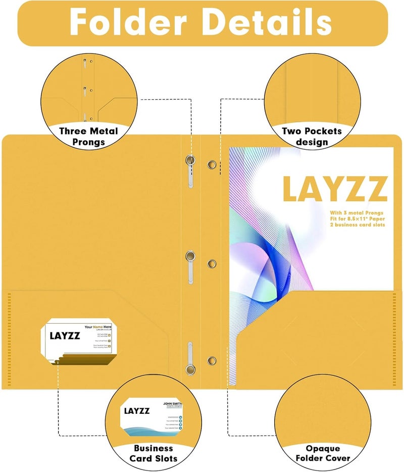 LAYZZ Plastic 2 Pocket Folders with Prongs, 30 Pack, Heavyweight, Letter Size Poly Folders with 3 Metal Prongs Fastener Clips (Yellow) - Image 3
